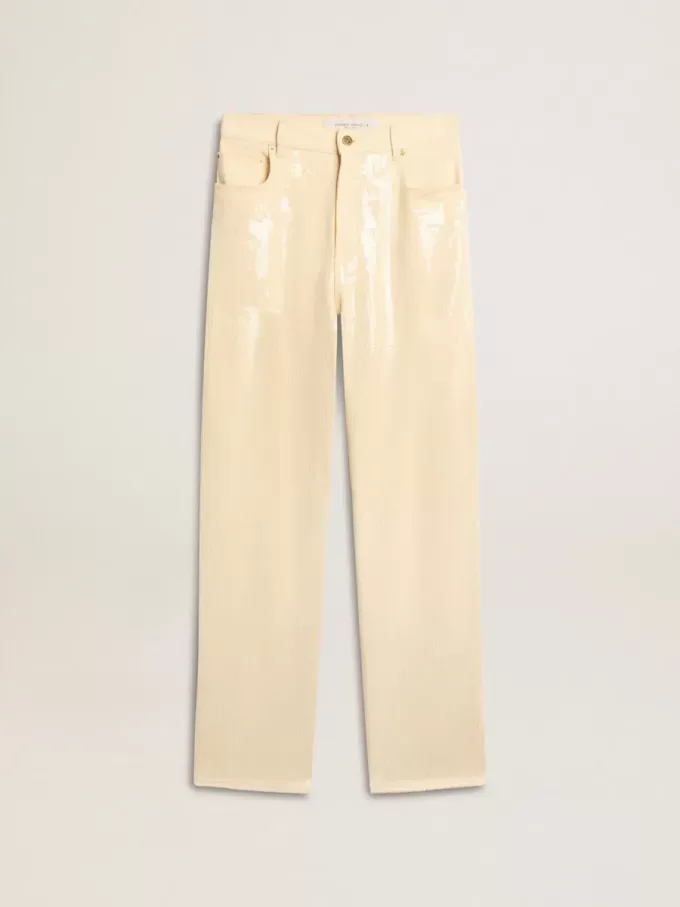 Ecrufarbene Hose mit transparenten Pailletten