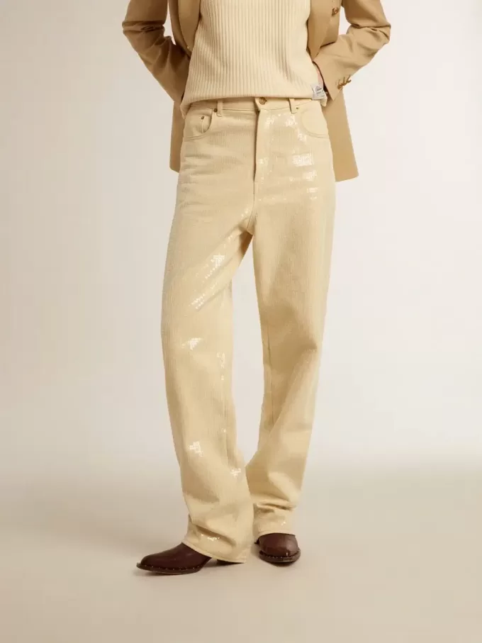 Ecrufarbene Hose mit transparenten Pailletten