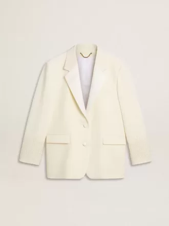 Einreihige Oversize-Jacke in Weiß mit Seideneffekt und Stickerei