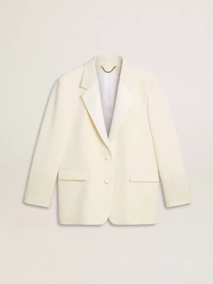 Einreihige Oversize-Jacke in Weiß mit Seideneffekt und Stickerei