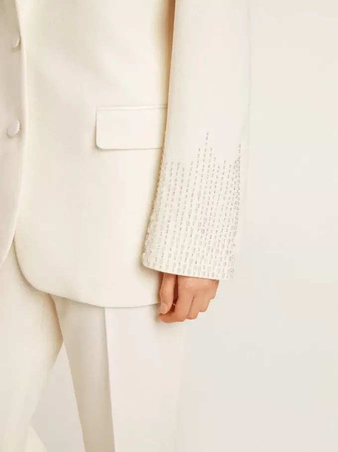 Einreihige Oversize-Jacke in Weiß mit Seideneffekt und Stickerei