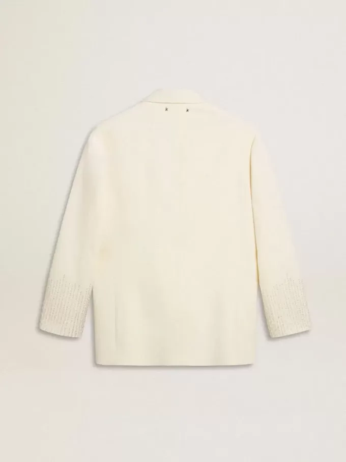 Einreihige Oversize-Jacke in Weiß mit Seideneffekt und Stickerei