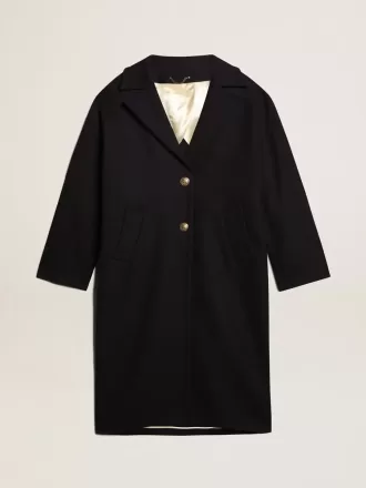 Einreihiger Cocoon-Mantel für Damen aus dunkelblauer Wolle mit goldenem Knopf