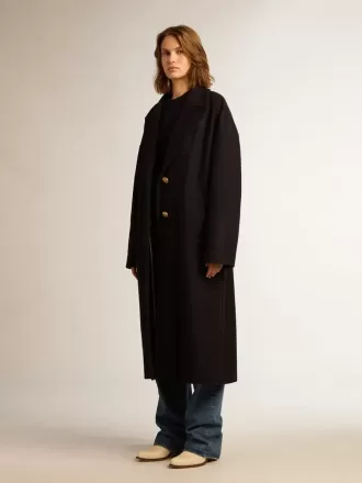 Einreihiger Cocoon-Mantel für Damen aus dunkelblauer Wolle mit goldenem Knopf