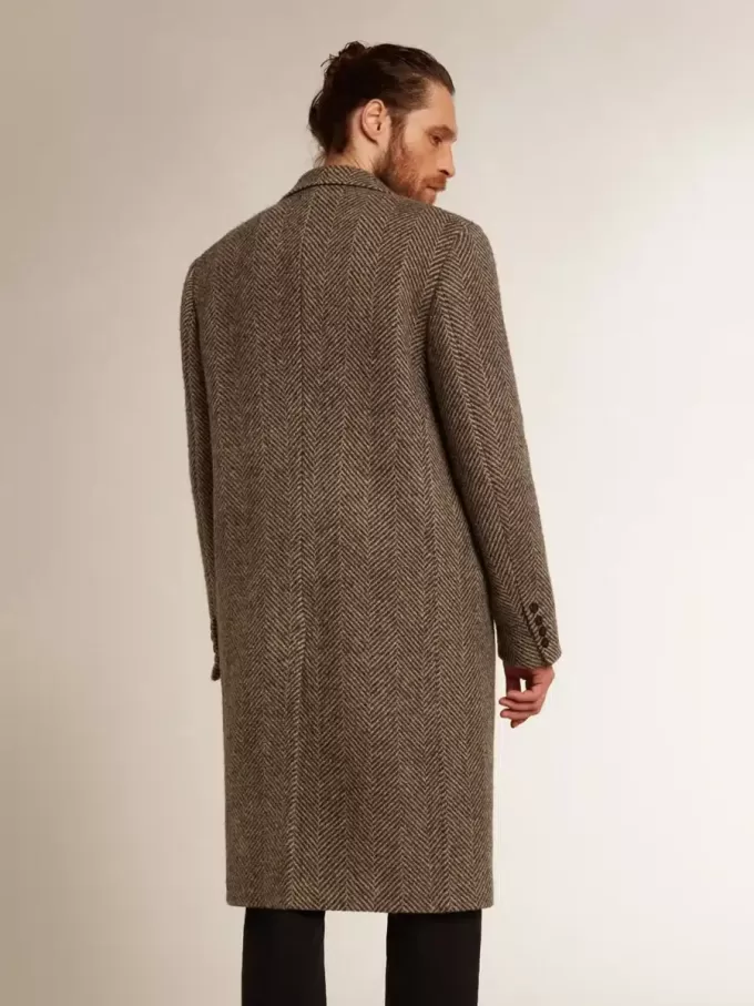 Einreihiger Herrenmantel aus Wolle mit beige-grauem Fischgrätenmuster