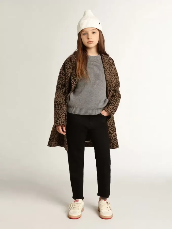 Einreihiger Mädchenmantel aus Wolle mit Jacquard-Tierprint