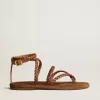 Flache Penelope-Sandalen für Damen aus tabakfarbenem Leder mit Wildledersohle