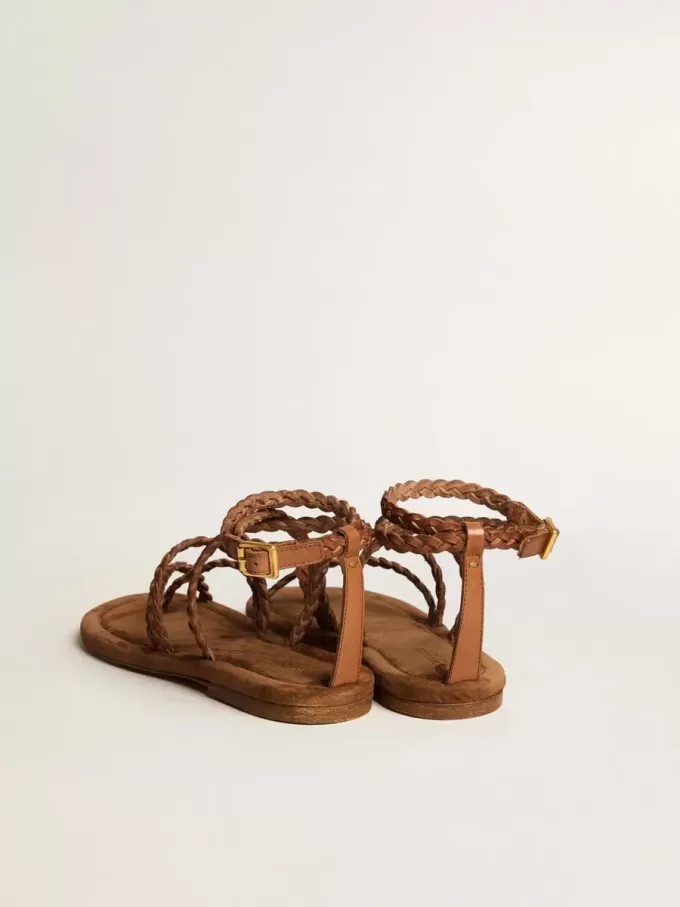 Flache Penelope-Sandalen für Damen aus tabakfarbenem Leder mit Wildledersohle