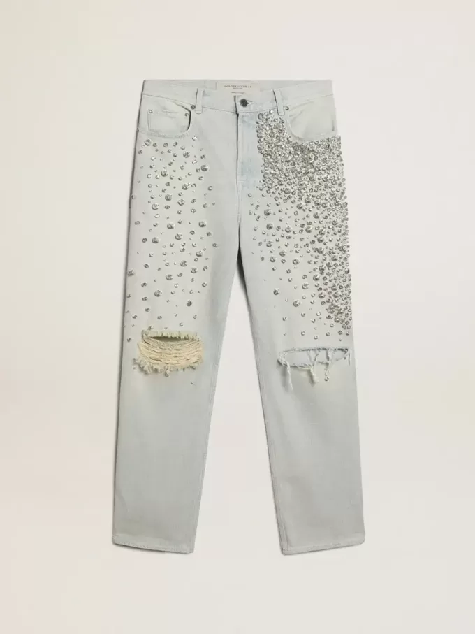 Gebleichte Damenjeans mit Cabochon-Kristallen