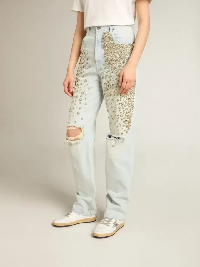 Gebleichte Damenjeans mit Cabochon-Kristallen