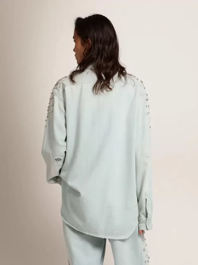 Gebleichtes Boyfriend-Hemd für Damen mit Cabochon-Kristallen