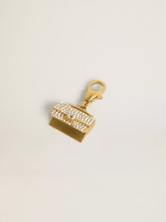 Geldbörsenförmiger Anhänger aus goldfarbenem Messing mit Kristallen