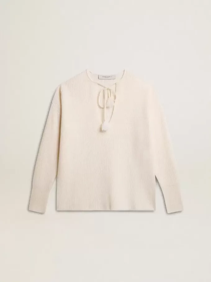 Gerippter Wollpullover mit V-Ausschnitt und Kordelzug mit Quasten