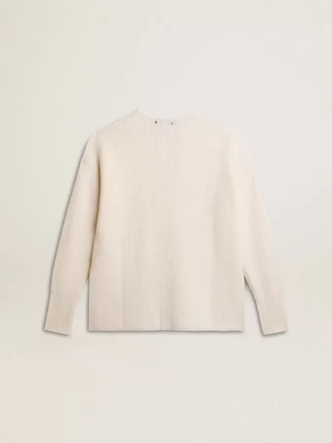 Gerippter Wollpullover mit V-Ausschnitt und Kordelzug mit Quasten