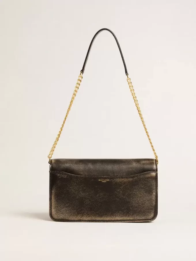 Gioia Tasche aus schwarzem Vintage-Leder mit goldenen Details