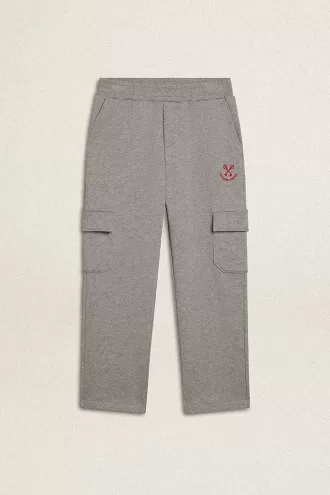 Grau melierte Cargo-Jogginghose aus Baumwolle mit Stickerei