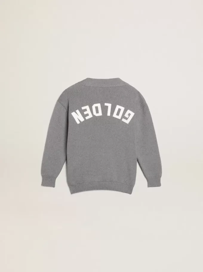 Graue Baumwollstrickjacke mit Logo auf der Rückseite