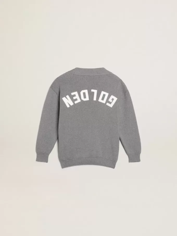 Graue Baumwollstrickjacke mit Logo auf der Rückseite