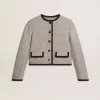 Graue Damenjacke aus Wolle und Seide mit schwarzem Wildledereinsatz Graue Damenjacke aus Wolle und Seide mit schwarzem Wildledereinsatz
