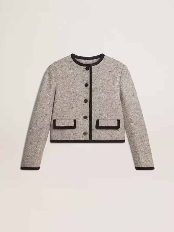 Graue Damenjacke aus Wolle und Seide mit schwarzem Wildledereinsatz Graue Damenjacke aus Wolle und Seide mit schwarzem Wildledereinsatz