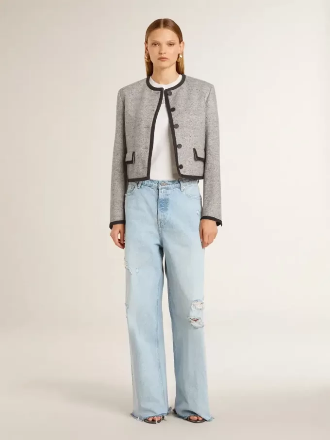 Graue Damenjacke aus Wolle und Seide mit schwarzem Wildledereinsatz Graue Damenjacke aus Wolle und Seide mit schwarzem Wildledereinsatz