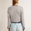 Graue Damenjacke aus Wolle und Seide mit schwarzem Wildledereinsatz Graue Damenjacke aus Wolle und Seide mit schwarzem Wildledereinsatz