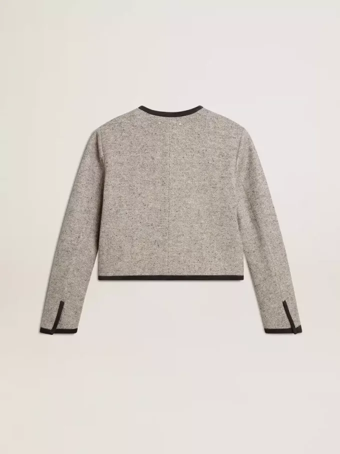Graue Damenjacke aus Wolle und Seide mit schwarzem Wildledereinsatz Graue Damenjacke aus Wolle und Seide mit schwarzem Wildledereinsatz
