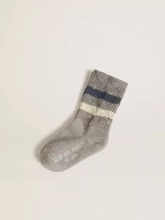 Graue Kindersocken mit Used-Details und Streifen in Altweiß und Blau