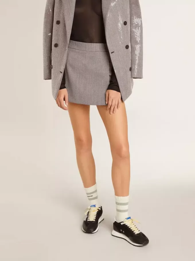 Graue Mini-Shorts für Damen aus Hahnentritt-Wolle