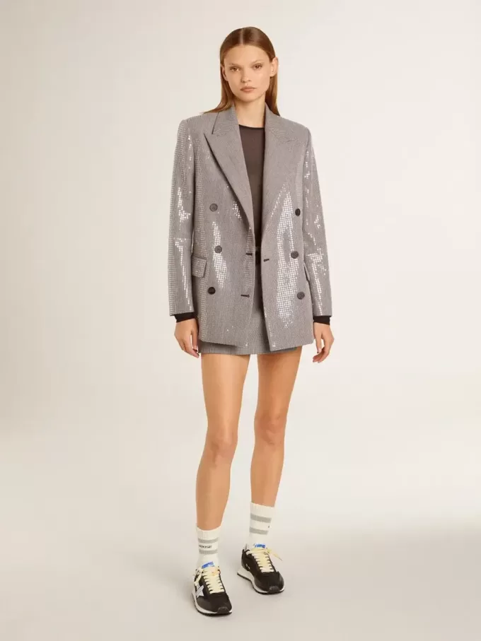 Graue Mini-Shorts für Damen aus Hahnentritt-Wolle