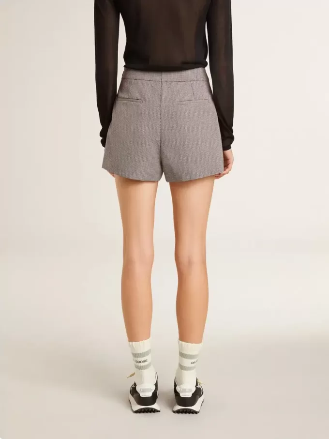 Graue Mini-Shorts für Damen aus Hahnentritt-Wolle