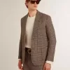 Grauer Einreiher-Blazer für Herren aus Wollstoff mit Hahnentrittmuster Grauer Einreiher-Blazer für Herren aus Wollstoff mit Hahnentrittmuster