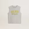 Graues, ärmelloses Damen-T-Shirt mit gelbem Aufdruck