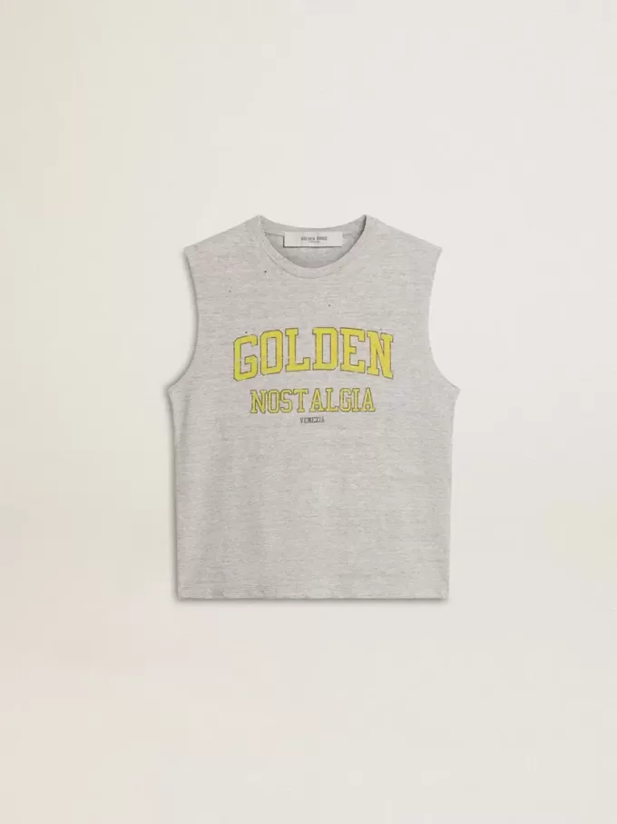 Graues, ärmelloses Damen-T-Shirt mit gelbem Aufdruck
