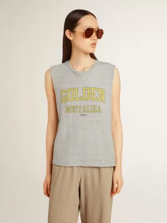 Graues, ärmelloses Damen-T-Shirt mit gelbem Aufdruck
