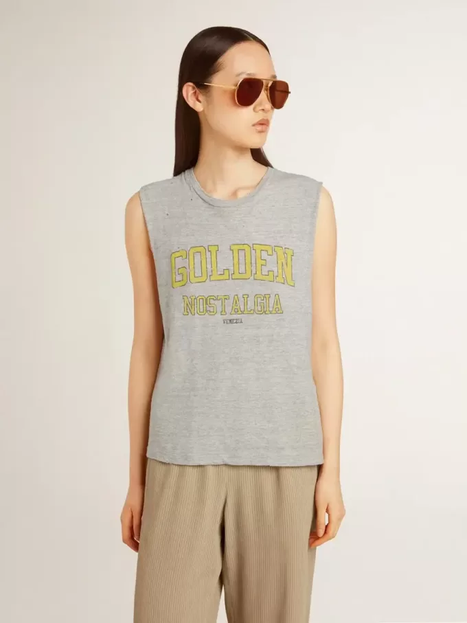 Graues, ärmelloses Damen-T-Shirt mit gelbem Aufdruck