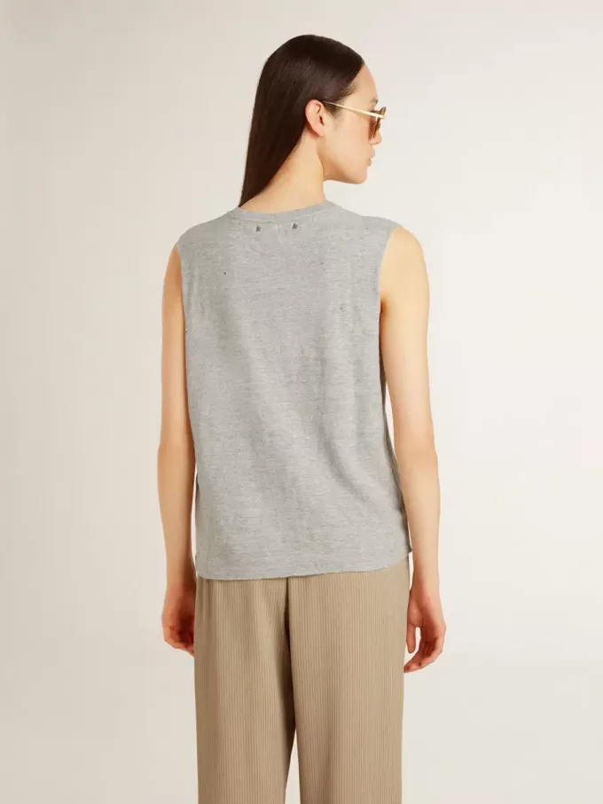 Graues, ärmelloses Damen-T-Shirt mit gelbem Aufdruck