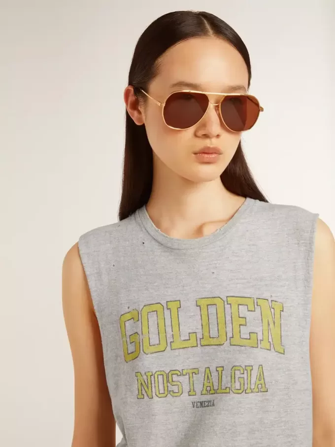 Graues, ärmelloses Damen-T-Shirt mit gelbem Aufdruck