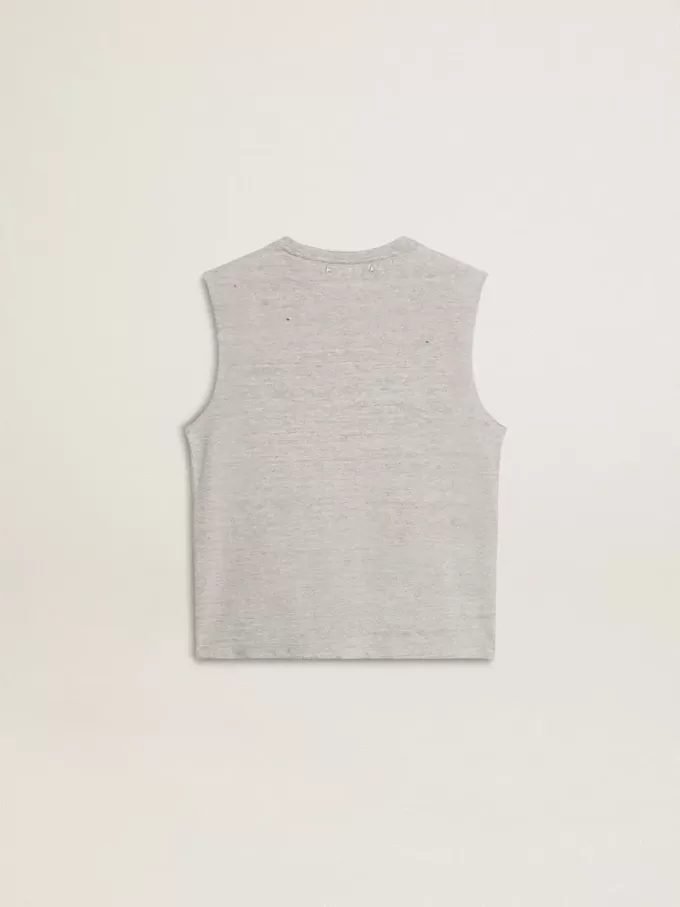 Graues, ärmelloses Damen-T-Shirt mit gelbem Aufdruck