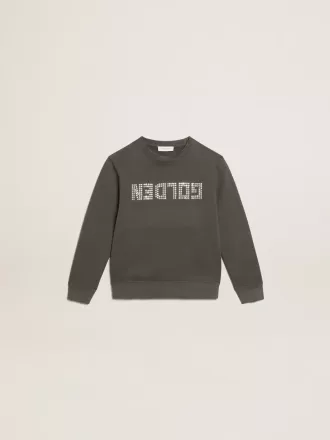 Graues Sweatshirt im Used-Look mit Kristallbeschriftung