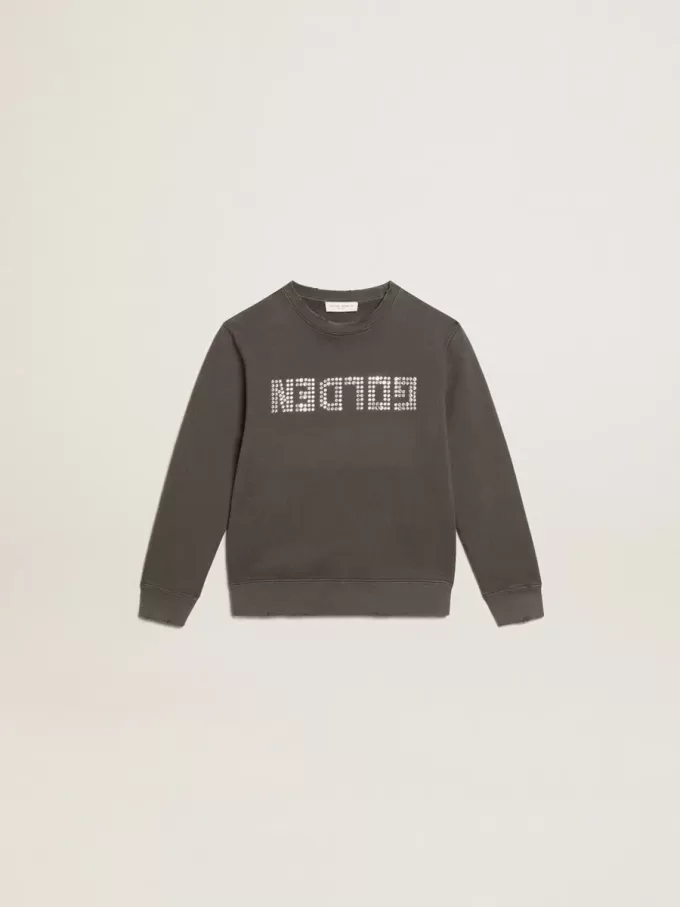 Graues Sweatshirt im Used-Look mit Kristallbeschriftung Graues Sweatshirt im Used-Look mit Kristallbeschriftung