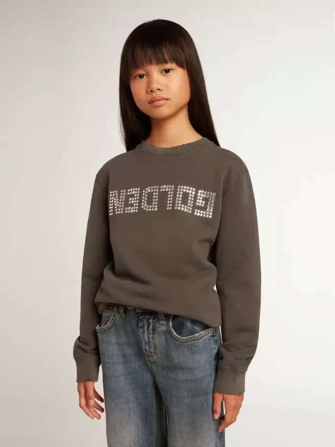 Graues Sweatshirt im Used-Look mit Kristallbeschriftung Graues Sweatshirt im Used-Look mit Kristallbeschriftung