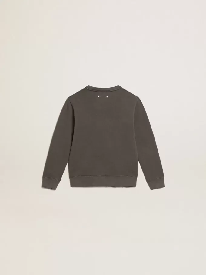 Graues Sweatshirt im Used-Look mit Kristallbeschriftung Graues Sweatshirt im Used-Look mit Kristallbeschriftung