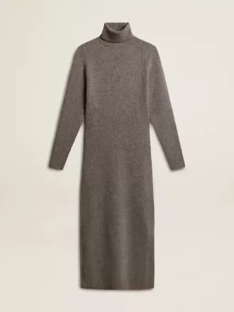 Graumeliertes Wollkleid mit Rippstruktur und hohem Kragen