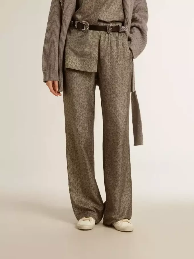 Grüne Damenhose aus Viskose-Seidenmischung mit Blumenmuster