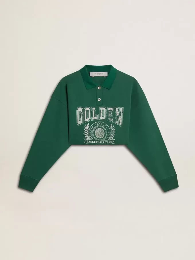 Grünes, kurz geschnittenes Polo-Sweatshirt für Damen mit Aufdruck