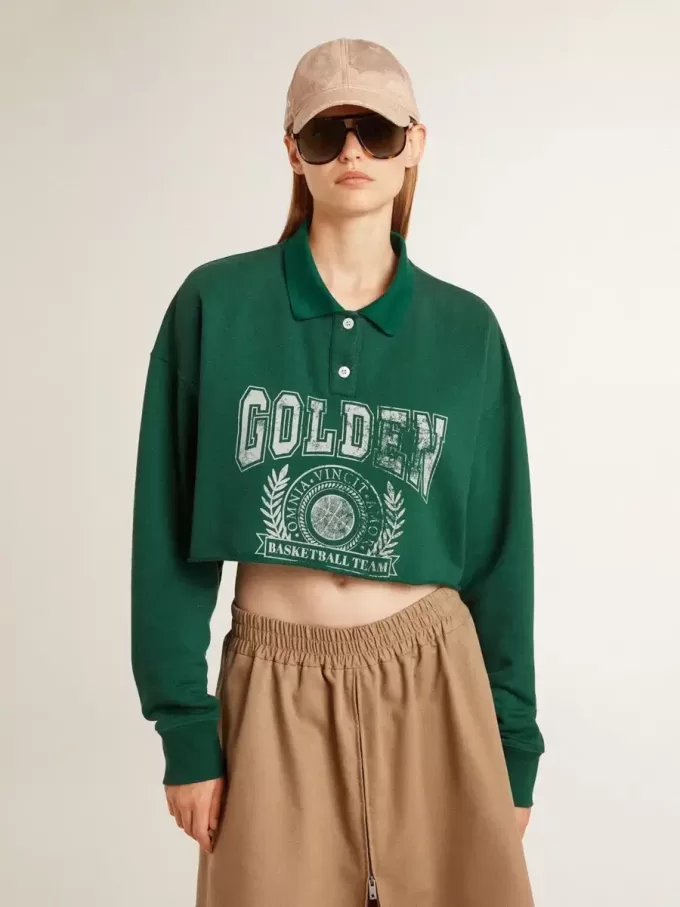 Grünes, kurz geschnittenes Polo-Sweatshirt für Damen mit Aufdruck