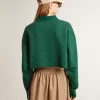 Grünes, kurz geschnittenes Polo-Sweatshirt für Damen mit Aufdruck