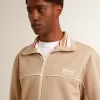 Hellbeiges Herren-Sweatshirt mit Reißverschluss und weißem Logo
