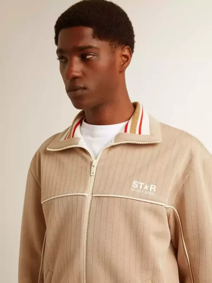 Hellbeiges Herren-Sweatshirt mit Reißverschluss und weißem Logo